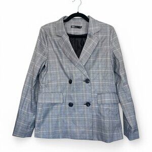 INA Women's Plaid Double-Breasted Overisized Blazer Gray Plaid Size Medium